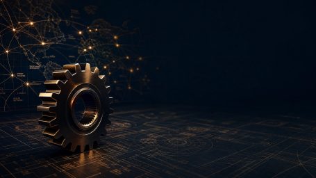Strategic AI & Commercial Consulting A metallic cog on a dark background with glowing digital circuitry elements.