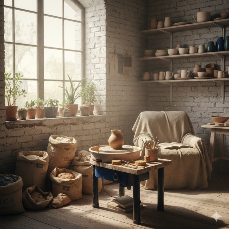Website Content Creation A rustic pottery studio with potted plants, a chair, and shelves of clay items.