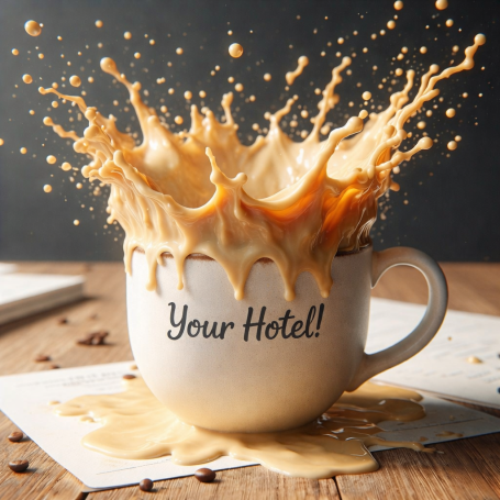 Complete Hotel Marketing Packages Coffee splashing out of a cup with the text "Your Hotel!" on it.