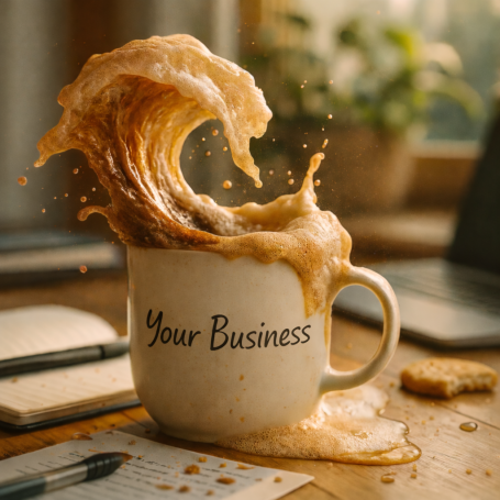 Complete Small Business Marketing Packages A coffee mug with "Your Business" slogan, overflowing with frothy coffee.