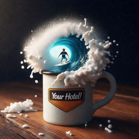 Complete Small Business Marketing Packages A coffee mug with a swirling wave and a surfer inside, capturing a dynamic ocean scene.