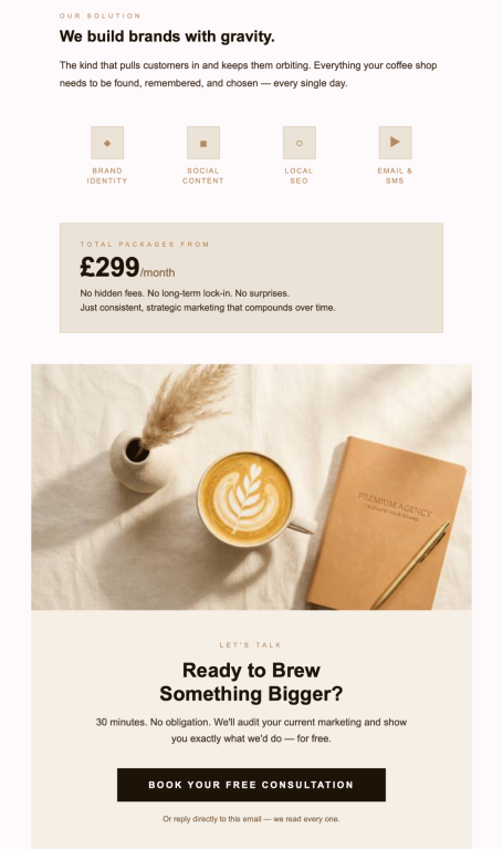 Coffee Shop Marketing A flat white coffee beside an open notebook and a wooden pen on a light background.