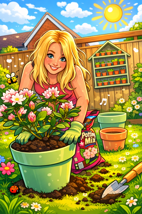 Character Design A woman with blonde hair plants flowers in a garden, surrounded by pots and a sunny backdrop.