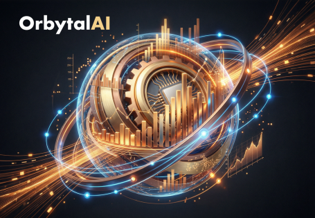 OrbytalAI - Coming Soon Abstract design featuring gears and glowing lines representing technology and data.