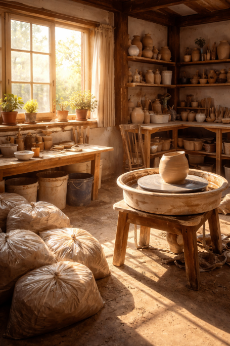 Website Content Creation Pottery studio with a wheel, clay pots, and bags of clay in warm, natural light.