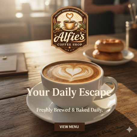 Small Business Content Creation Cappuccino with a heart design next to a bagel in a cosy coffee shop setting.