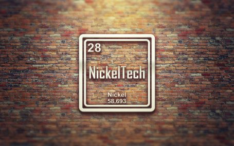 Logo Design NickelTech logo with atomic number 28, set against a textured background.