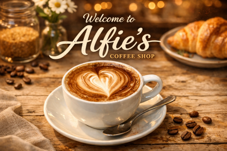 Small Business Content Creation A cappuccino with a heart design, alongside a croissant and sugar, set on a wooden table.