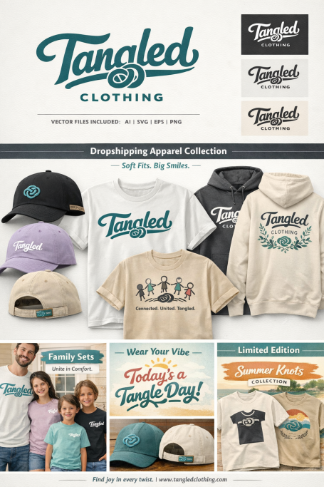 Brand creation from concept, design and delivery. Various apparel including hats and t-shirts from Tangled Clothing's current collection.