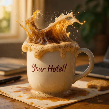 Complete Small Business Marketing Packages A coffee cup with frothy splashes and "Your Hotel!" printed on it.