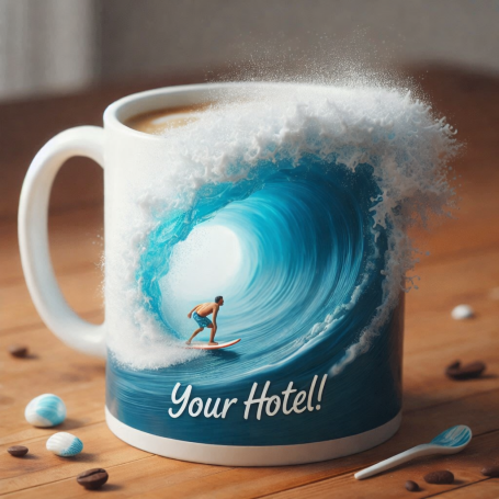 Complete Hotel Marketing Packages Mug featuring a surfer riding a wave with the text "Your Hotel!" on it.