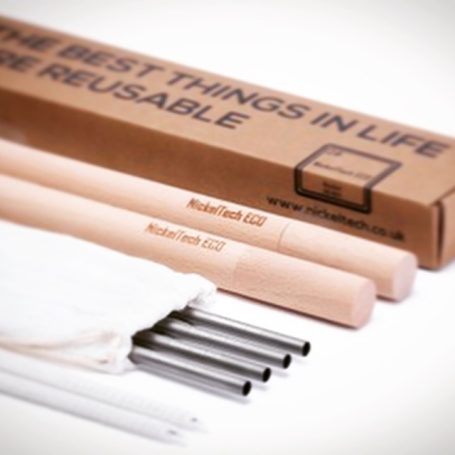 Custom, unique branding Set of reusable titanium straws with a cardboard box and metal components.