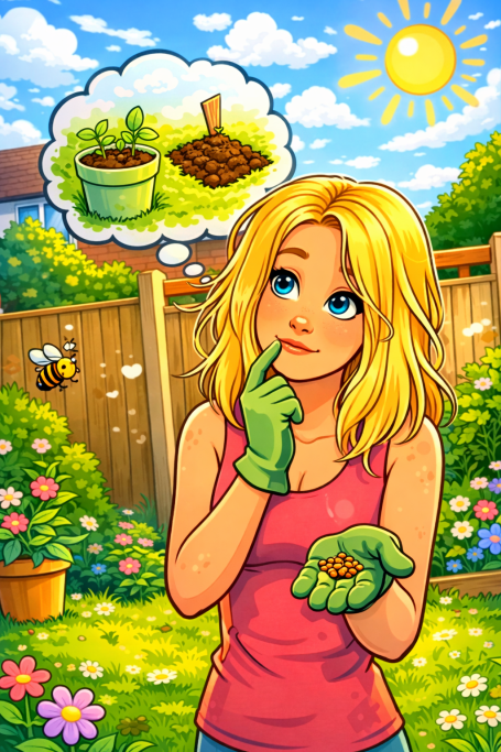 Character Design A young woman in garden gloves contemplates planting seeds in a sunny backyard.