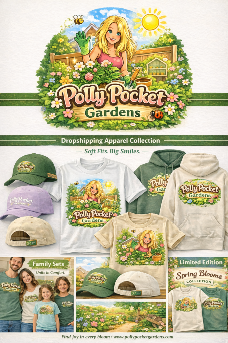 From logo creation to brand-wide visual design, building Polly Pocket Gardens Clothing identity into a consistent, recognisable campaign. Promotional graphic featuring Polly Pocket themed merchandise with a garden design.
