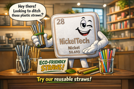 Inspired Character Design Cartoon character promoting eco-friendly reusable straws in a cafe setting.